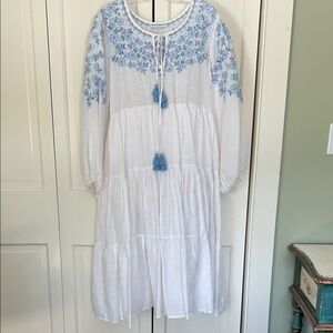 Karina Grimaldi White Cotton Dress with Blue Floral Cutout stitching. Size S